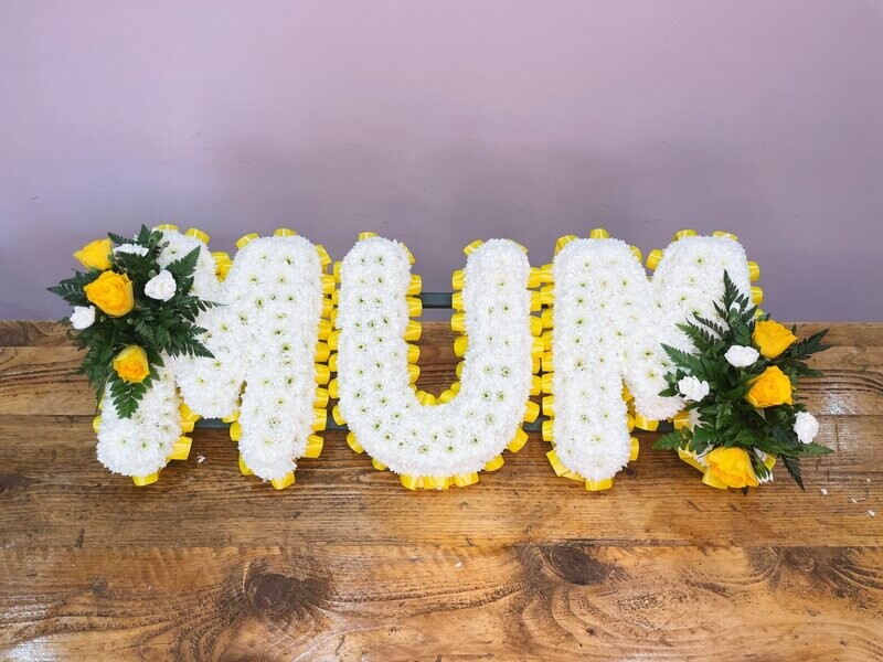 MUM Funeral Flowers Tribute Based White (choose your colour ribbon)