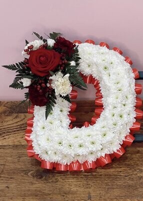 (Spell any name or word) Funeral Flowers Tribute Based White (choose your colour ribbon)