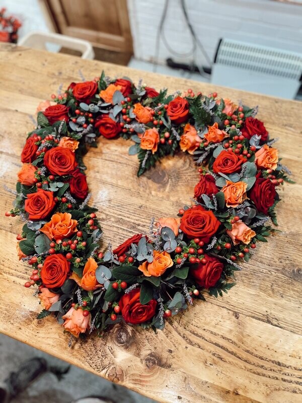 Red and Orange Rose Open Heart Funeral Tribute (available in different sizes)