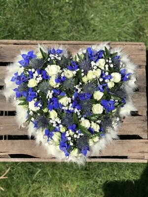 Blue & White Feather Heart Funeral Tribute (available in different sizes)