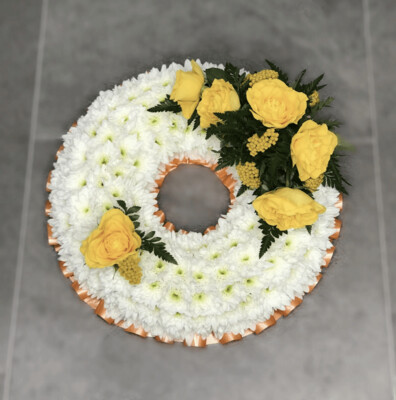 Based white wreath Funeral Tribute (available in different sizes & colours)