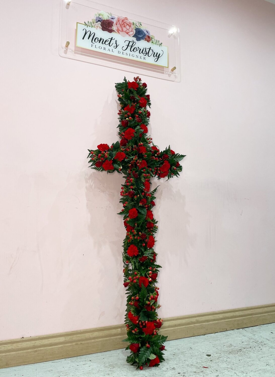 Rose & Carnation Casket Cross Funeral Flowers Tribute  (available in different colours)