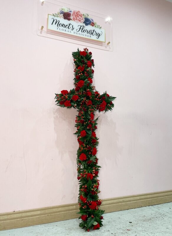 Rose & Carnation Casket Cross Funeral Flowers Tribute  (available in different colours)