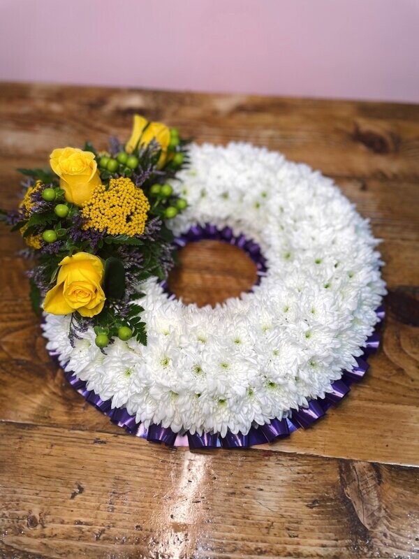 Based white wreath Funeral Tribute (available in different sizes & colours)