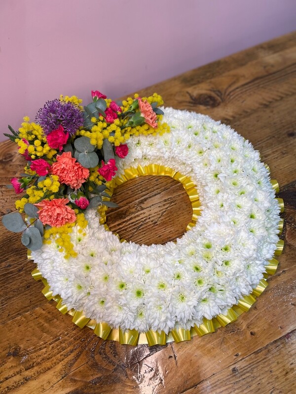 Based white wreath Funeral Tribute (available in different sizes & colours)