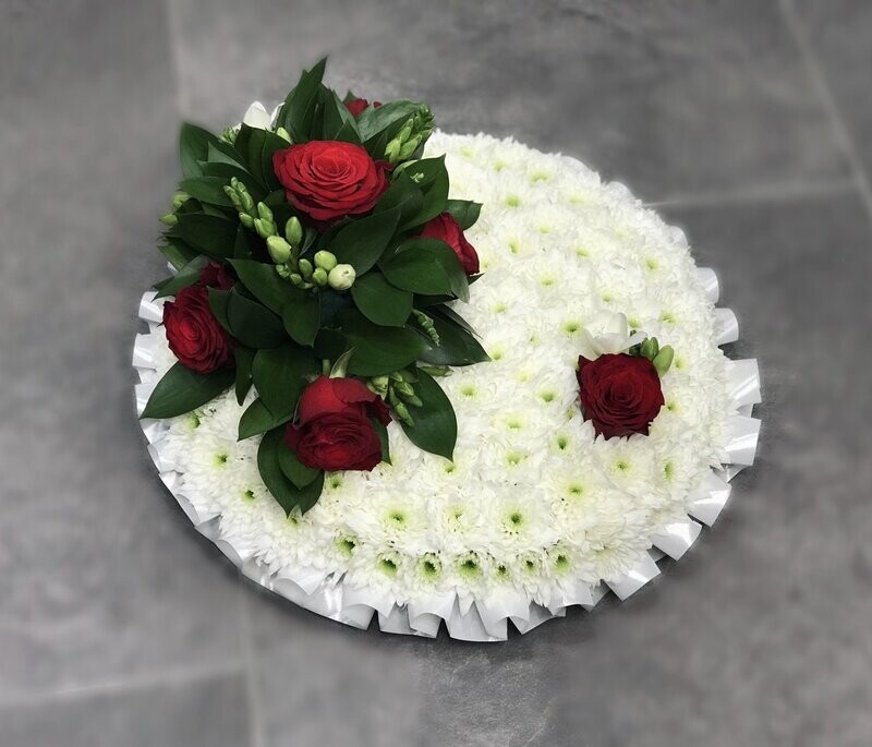 Based white posy Funeral Tribute (available in different sizes & colours)