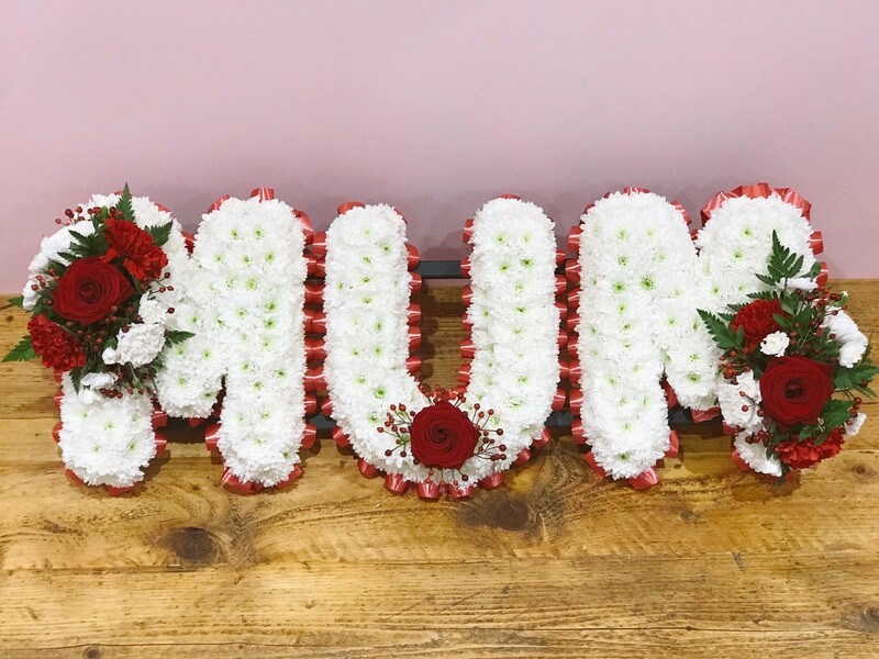 MUM Funeral Flowers Tribute Based White (choose your colour ribbon)