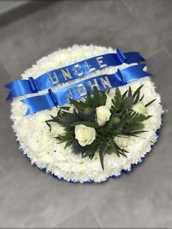 Based white posy Funeral Tribute (available in different sizes & colours)