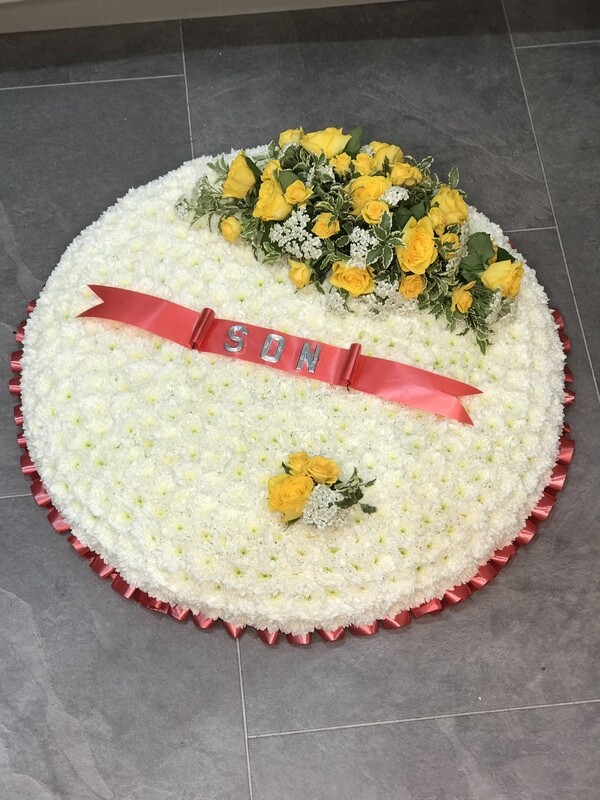 Based white posy Funeral Tribute (available in different sizes & colours)