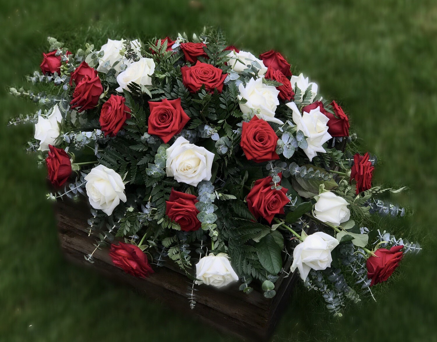 Red & White Rose Casket Spray Funeral Flowers Tribute