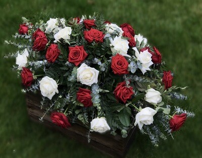 Red & White Rose Casket Spray Funeral Flowers Tribute