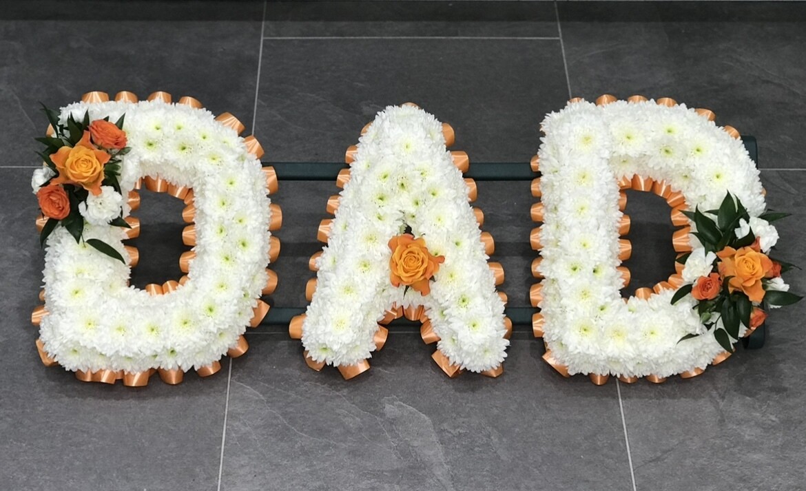 DAD Funeral Flowers Tribute Based White (choose your colour ribbon)