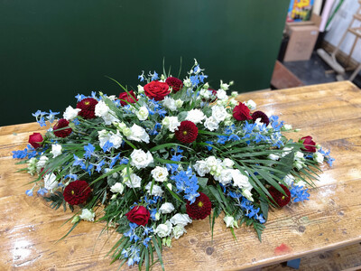 Blue & Red Casket Spray Funeral Flower Tribute 4ft
