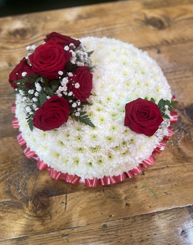 Based white posy Funeral Tribute (available in different sizes & colours)