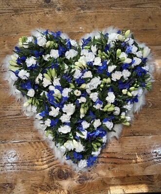 Blue & White Feather Heart Funeral Tribute (available in different sizes)