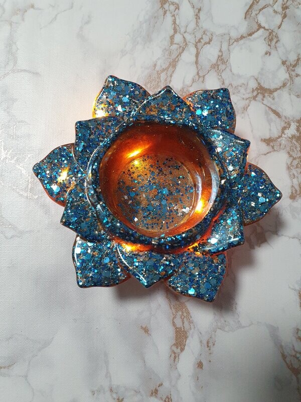 Photophore bronze à paillettes bleues lumineux