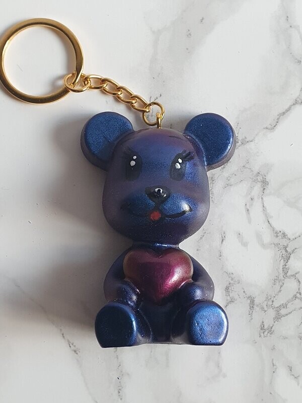 Porte clé Ourson Coeur  bleu caméléon