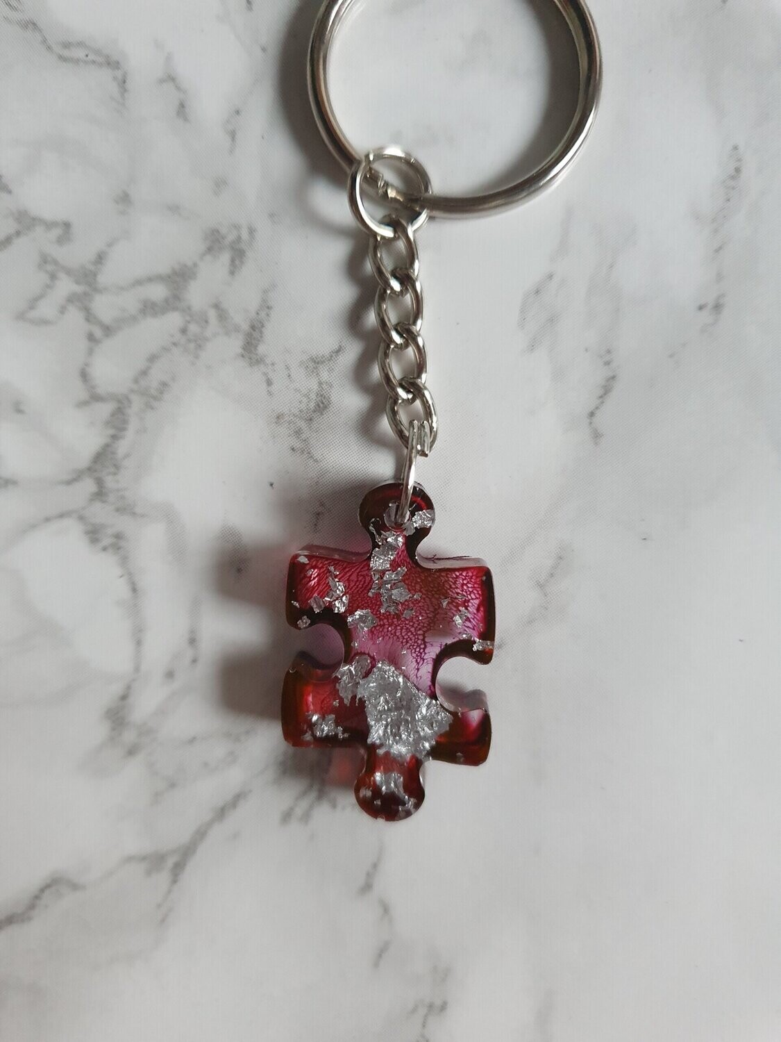 Porte clé puzzle rose et feuille d'argent
