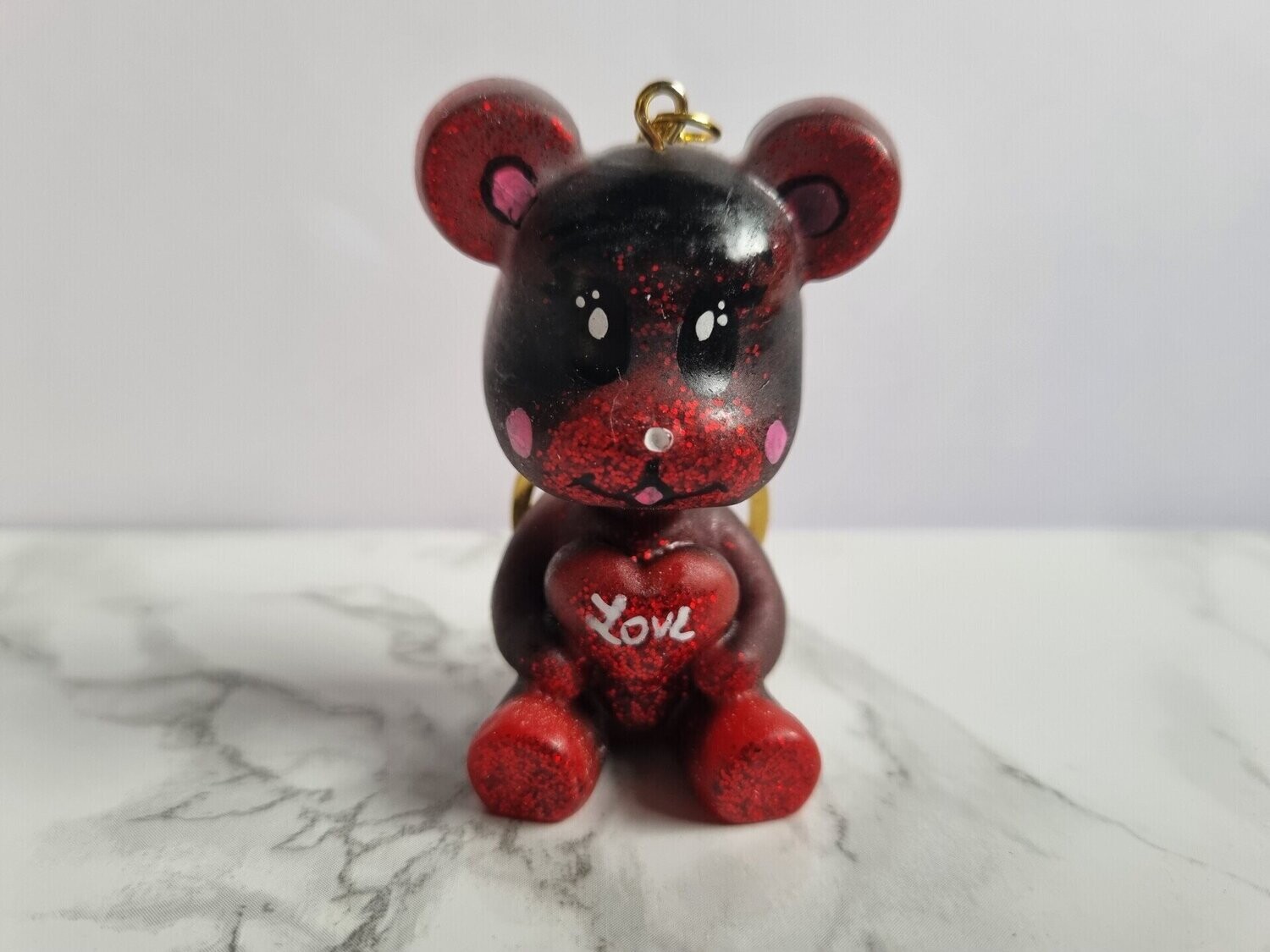 Porte clé Ourson Coeur  noir et rouge à paillettes