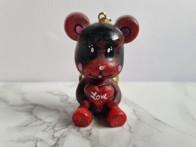 Porte clé Ourson Coeur  noir et rouge à paillettes
