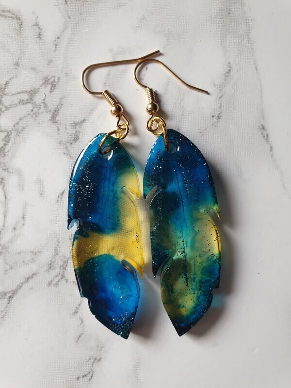 Boucles d'oreilles Plumes bleu et jaune