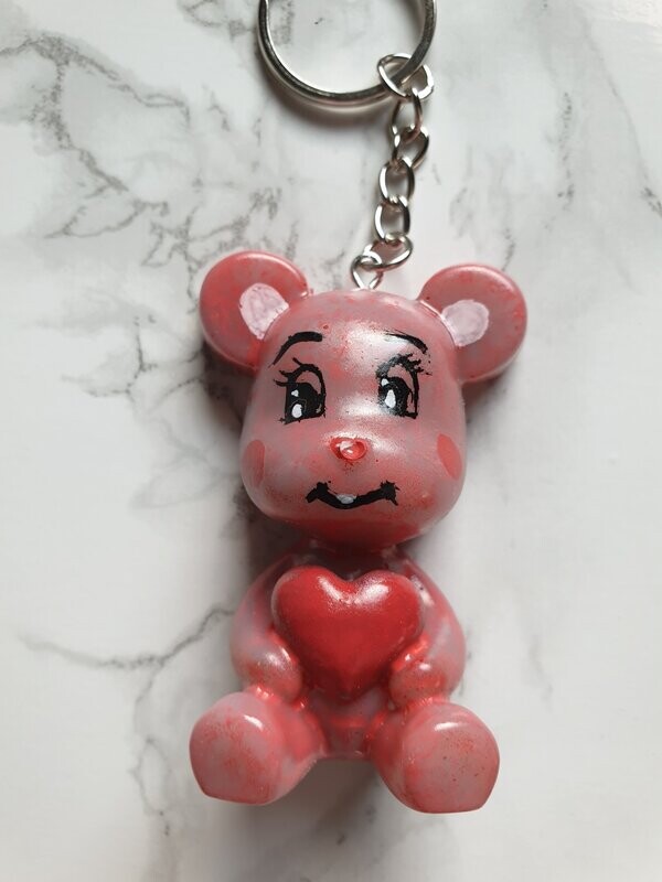 Porte clé Ourson Coeur  rose effet moucheté