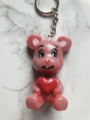 Porte clé Ourson Coeur  rose effet moucheté