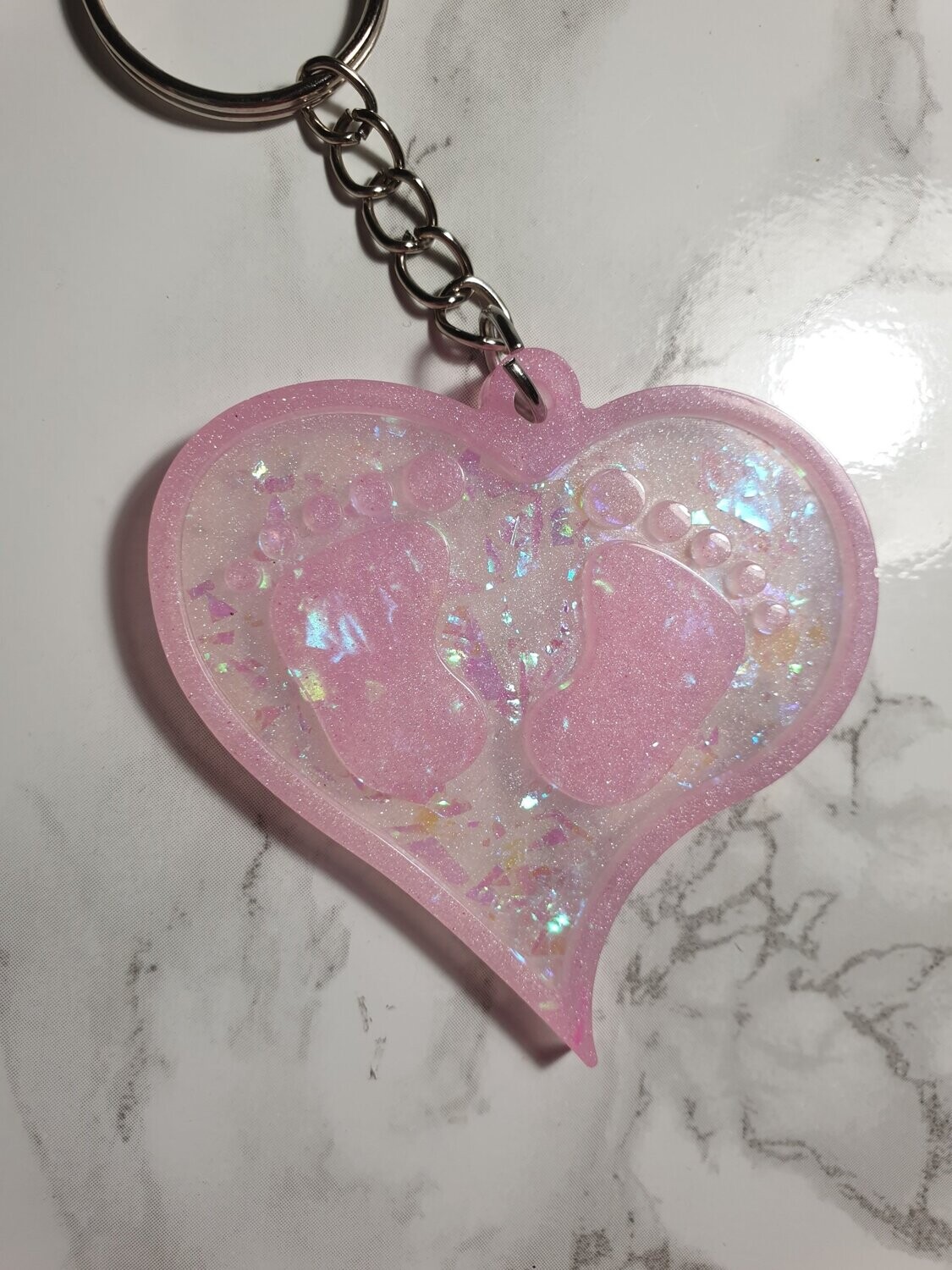 Porte clé Coeur pieds de bébé roses