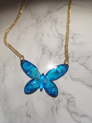 Collier papillon bleu pailleté chainette doré #2