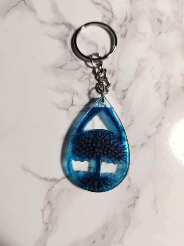 Porte clé arbre de vie goutte encre à alcool bleu