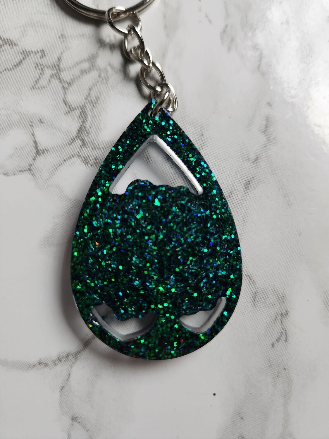 Porte clé arbre de vie goutte paillettes caméléon vert bleu