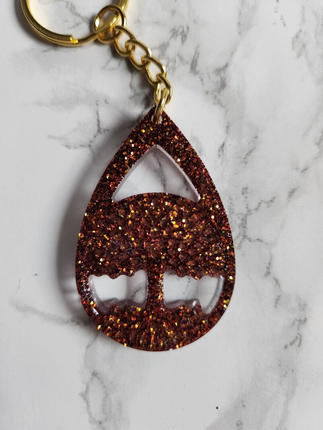 Porte clé arbre de vie goutte paillettes caméléon bronze