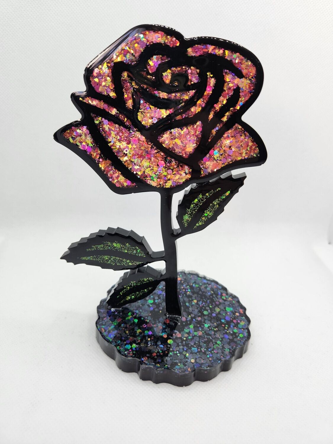 Rose pailleté personnalisée sur son socle