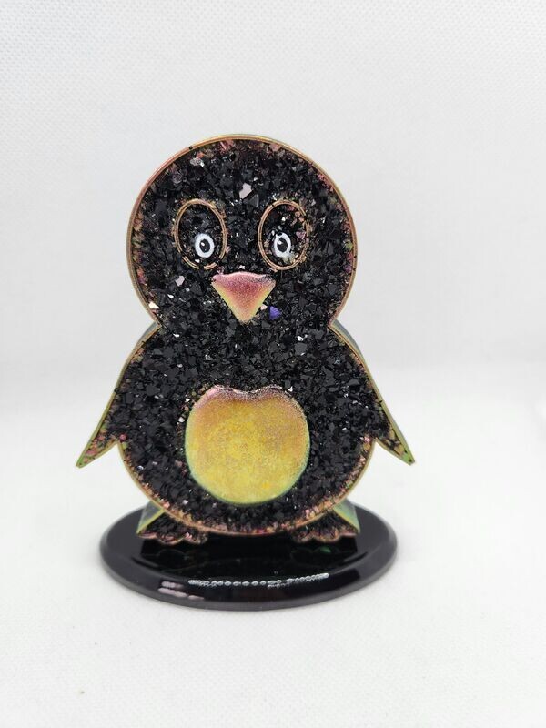 Pingouin diamant noir et or caméléon sur socle
