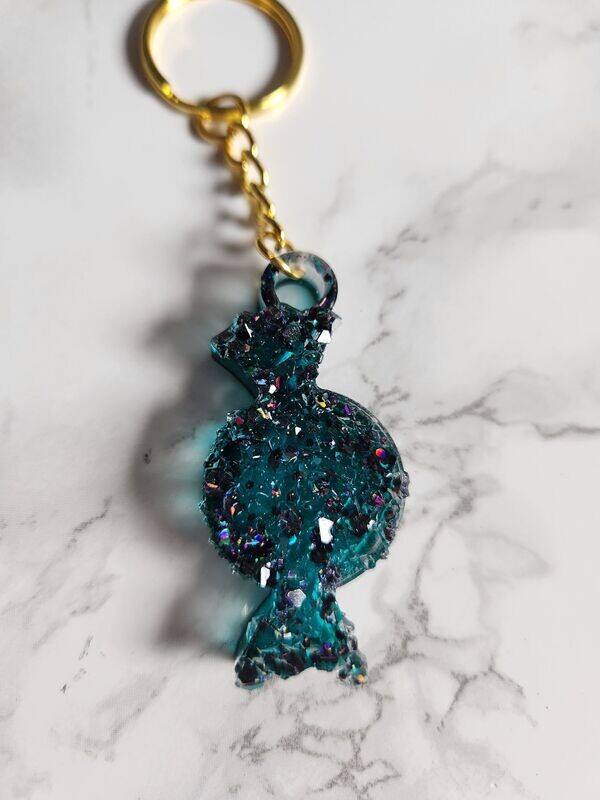 Porte clé bonbon noir pailleté et turquoise effet diamant
