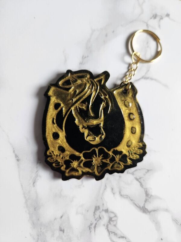 Porte clé Fer à cheval noir et or