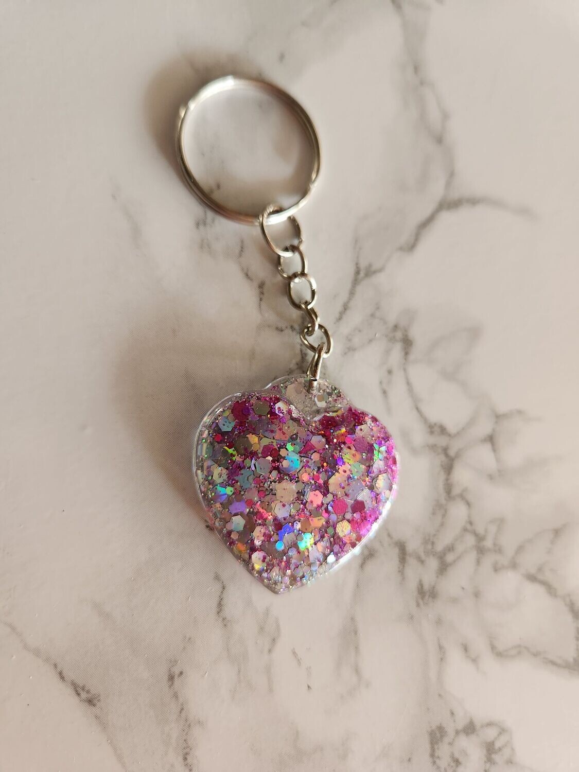 Porte clé coeur rose et argent pailleté