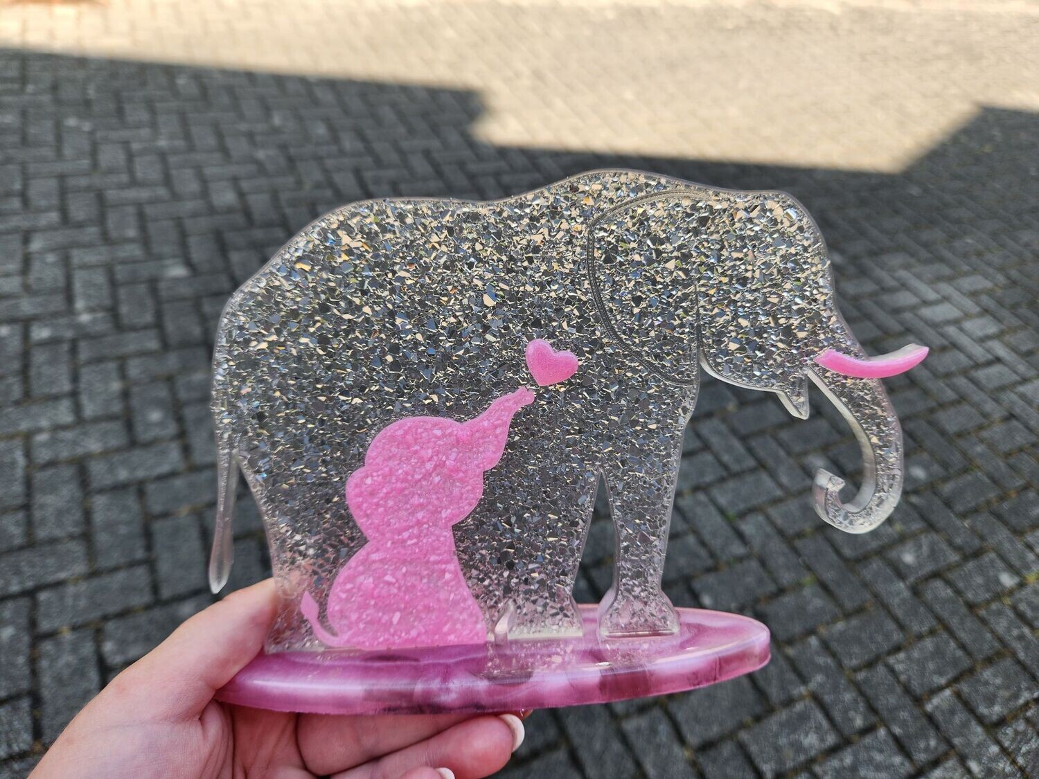Maman éléphant et son bébé diamant rose et gris translucide