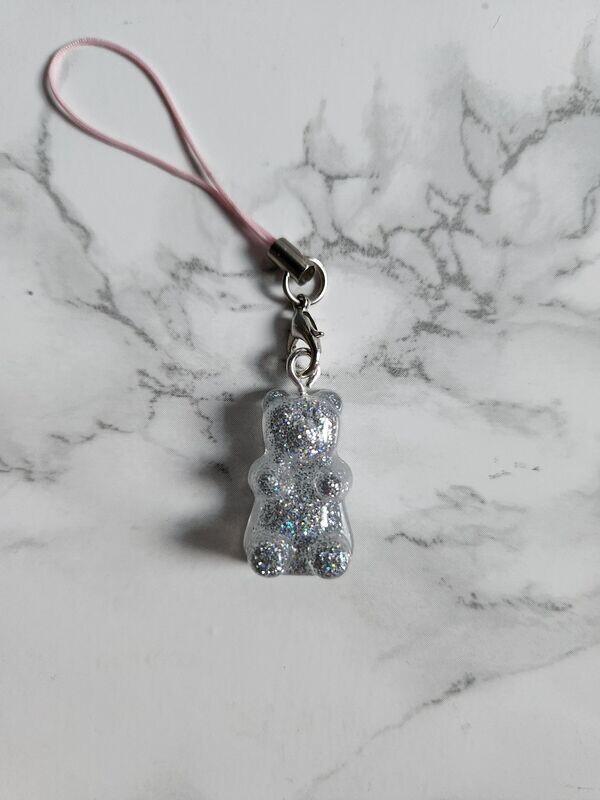 Bijou bonbon ourson argent pailleté cordon rose