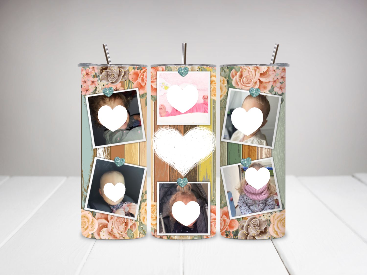 Tumbler / gobelet en acier 7 photos fond fleuri et bois