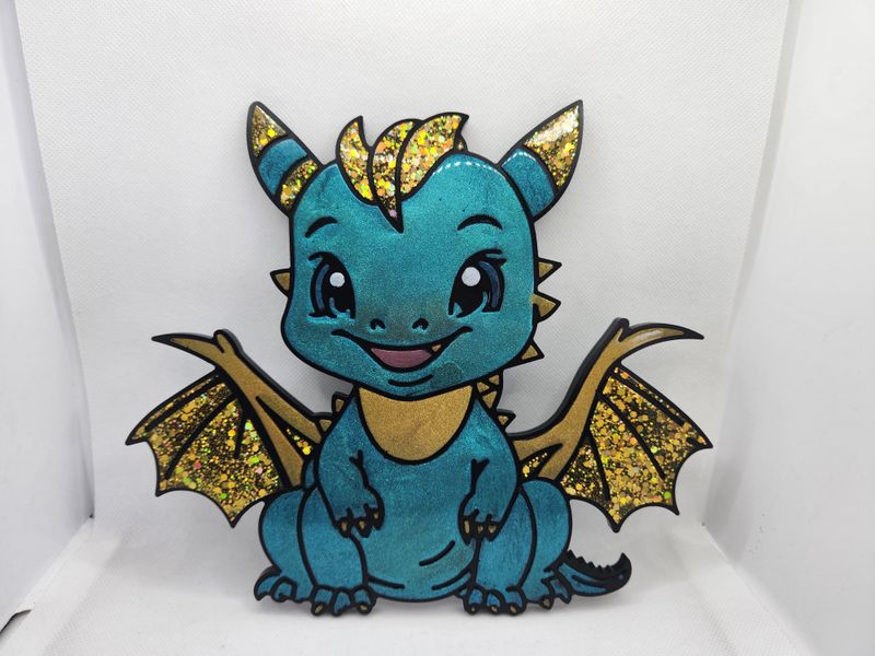 Dragon bébé 2d turquoise et or pailleté