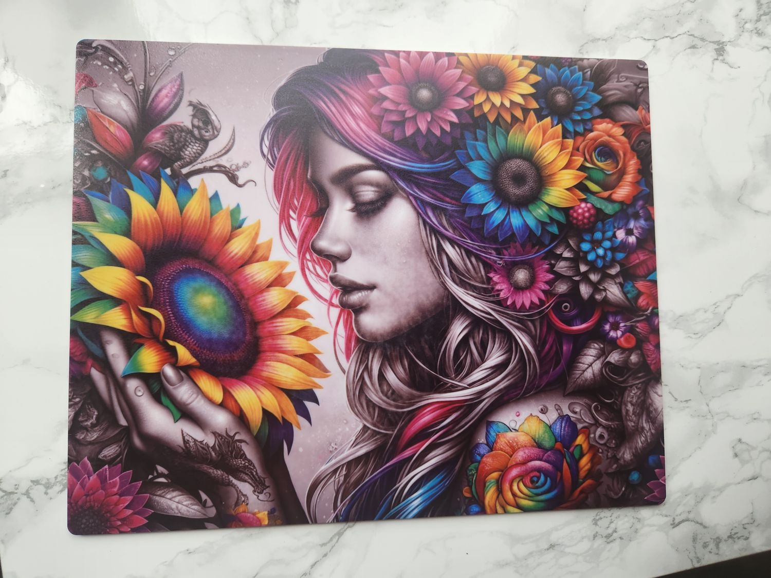 Plaque acrylique fille aux fleurs