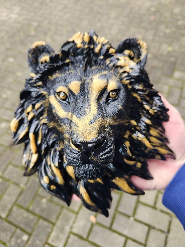 Tête de lion murale noir et or