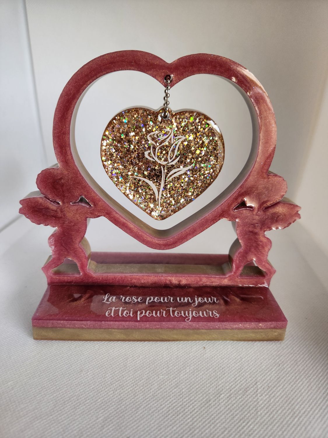 Cadre double coeur anges rose gold et bronze pailleté
