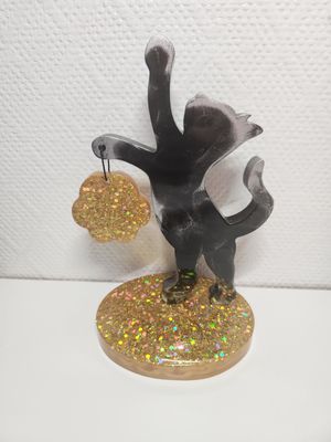 Cadre chat debout noir et argent et socle doré pailleté