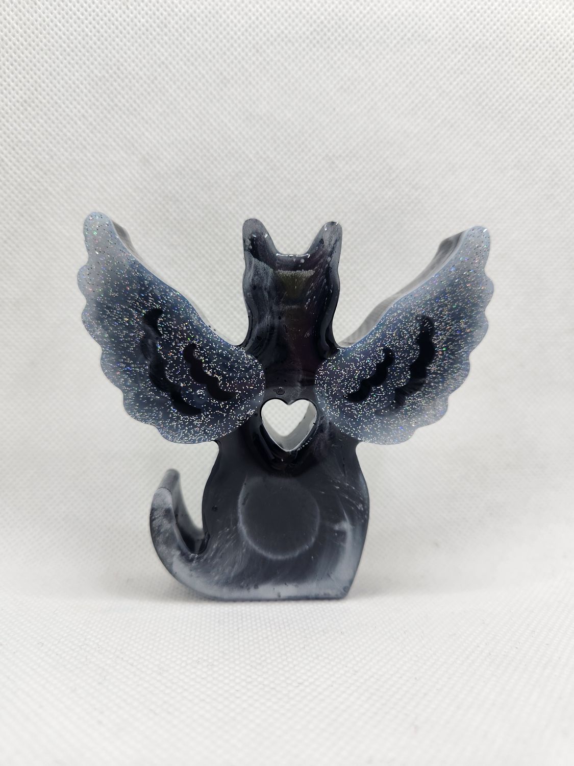 Chat ange dos statuette noir et argent