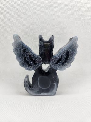 Chat ange dos statuette noir et argent