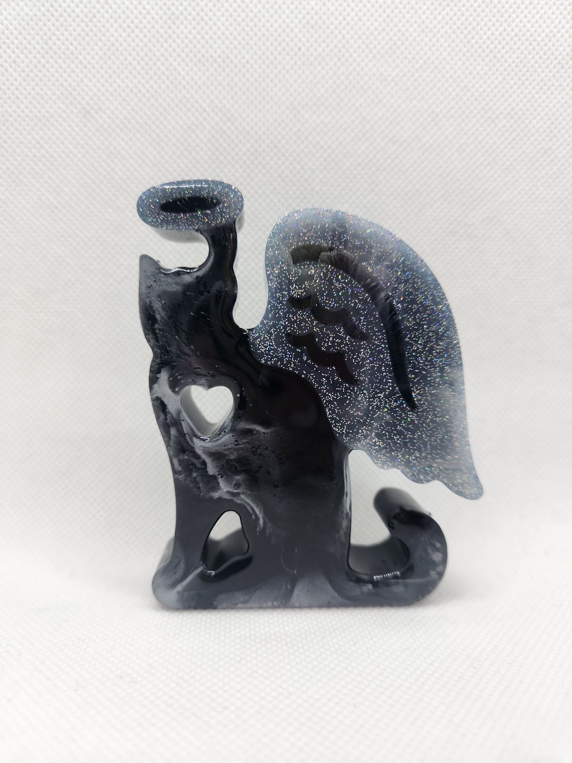 Chat ange profil statuette noir et argent
