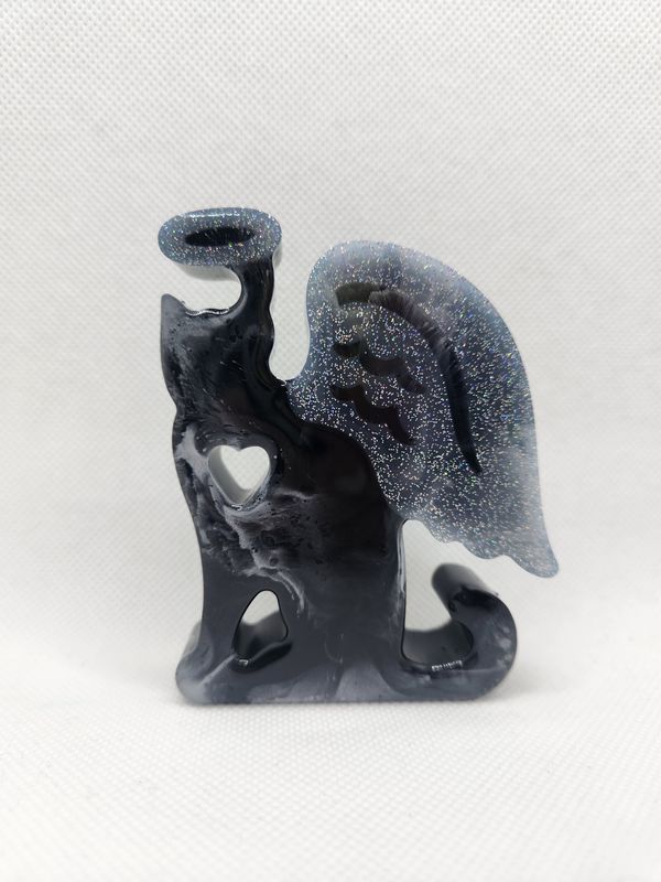 Chat ange profil statuette noir et argent