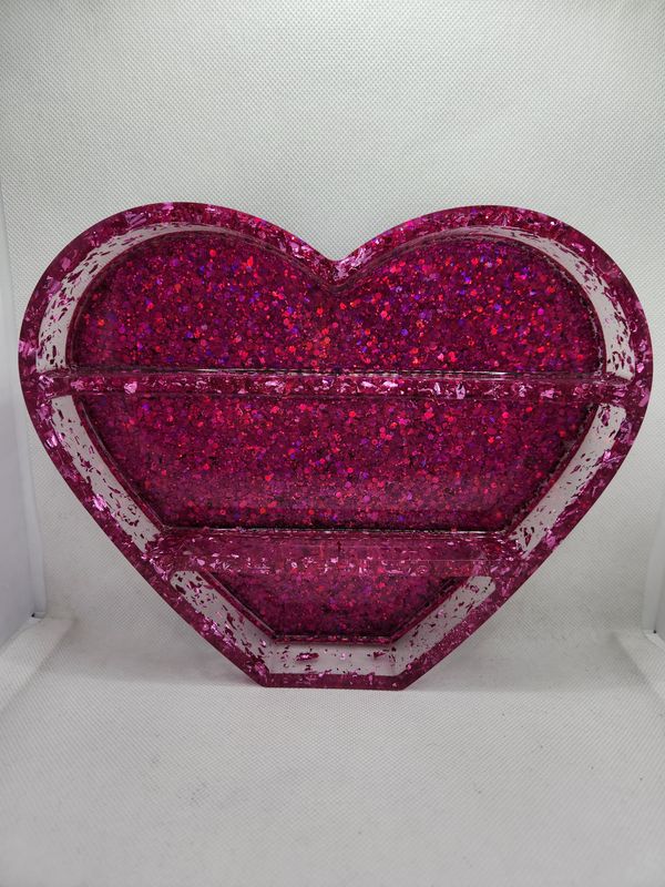 Etagère coeur feuilles roses et paillettes roses holographiques